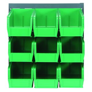 A Quantum Louvered Panel features nine clear Qus230 bins in a 3x3 grid. Each bin offers easy access, and the wall-mounted rack measures 18L x 11H. Its crafted from heavy-duty 16-gauge cold-rolled steel with a gray enamel finish. Mounting hardware is not included.