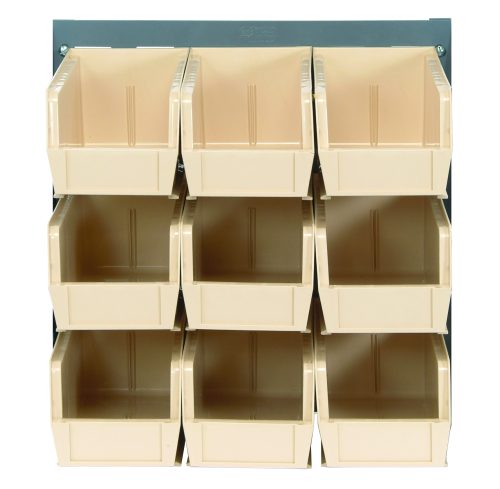 QLP-1819-230-9_IV.jpg The Quantum Louvered Panel, made from heavy-duty 16-gauge cold rolled steel with a gray enamel finish, is wall-mounted and measures 18L x 11H. It includes nine Qus230 clear bins arranged in a 3x3 grid for easy access. Mounting hardware is not included.