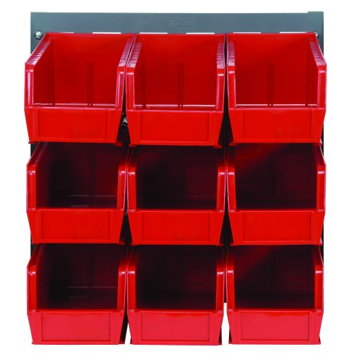 The Quantum Louvered Panel is a wall-mounted storage unit featuring nine clear QUS230 bins in a 3x3 grid, with an open top design. It measures 18 x 11 and is constructed from heavy-duty 16-gauge cold-rolled steel with a gray enamel coating.