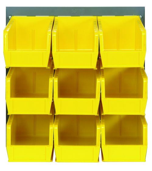 QLP-1819-230-9_YL.jpg The Quantum Louvered Panel is a wall-mounted organizer with nine clear QUS230 bins in a 3x3 grid, featuring robust support from its heavy-duty 16-gauge cold rolled steel backing. The panel measures 18L x 11H and has a gray enamel-coated finish for durability (mounting hardware not included).