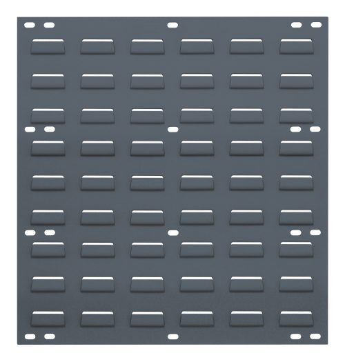 The Quantum Louvered Panel is a wall-mounted, rectangular gray panel made from heavy-duty 16 gauge cold rolled steel. It features a grid of slots with surrounding holes for mounting (hardware not included), and has a smooth gray enamel finish for an industrial look. Dimensions are 18L x 1D x 19H.