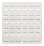 The Quantum Louvered Panel, measuring 18L x 1D x 19H, is crafted from heavy-duty 16 gauge cold rolled steel with an oyster white enamel finish. It features horizontal rectangular slots and small round installation holes near the edges for easy wall mounting. (Mounting hardware not included).