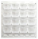 The Quantum Louvered Panel measures 18L x 6D x 19H and features 16 clear Qus210 bins. Made of heavy-duty, cold-rolled steel with an oyster white enamel coat, this minimalist wall-mounted rack is perfect for organizing small items. Mounting hardware is not included.