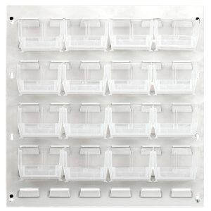 The Quantum Louvered Panel measures 18L x 6D x 19H and features 16 clear Qus210 bins. Made of heavy-duty, cold-rolled steel with an oyster white enamel coat, this minimalist wall-mounted rack is perfect for organizing small items. Mounting hardware is not included.