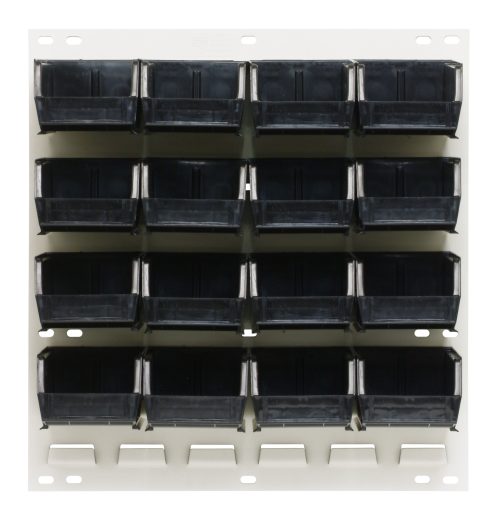 The Quantum Louvered Panel is a wall-mounted unit with an oyster white finish, featuring sixteen 18L x 6D x 19H black bins arranged in a 4x4 grid. Made of heavy-duty steel, the bins have open tops for easy access to contents. (Mounting hardware not included.).