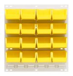 The Quantum Louvered Panel is an 18L x 6D x 19H wall-mount in oyster white, featuring heavy-duty steel and 16 clear QUS210 bins for easy access and storage of small items. Mounting hardware is not included.