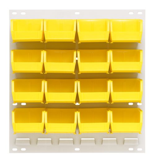 The Quantum Louvered Panel is an 18L x 6D x 19H wall-mount in oyster white, featuring heavy-duty steel and 16 clear QUS210 bins for easy access and storage of small items. Mounting hardware is not included.