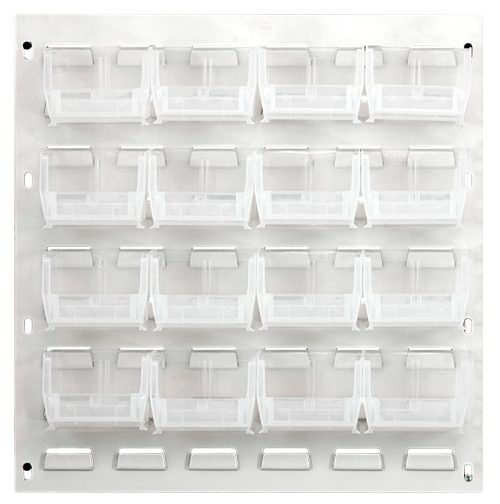 The Quantum Louvered Panel is wall-mounted at 18L x 8D x 19H, featuring 16 clear QUS220 bins in a durable oyster white enamel finish. Ideal for organizing small items, each bin has a top handle and fits into designated slots. (Mounting hardware not included).