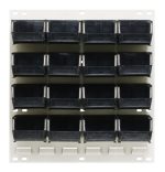 The Quantum Louvered Panel is wall-mounted, measuring 18 x 8 x 19, and has an oyster white enamel finish. It includes 16 black Qus220 bins and features heavy-duty 16-gauge cold rolled steel construction. Note: Mounting hardware is not included.