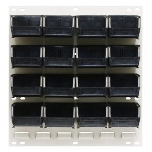 The Quantum Louvered Panel is wall-mounted, measuring 18 x 8 x 19, and has an oyster white enamel finish. It includes 16 black Qus220 bins and features heavy-duty 16-gauge cold rolled steel construction. Note: Mounting hardware is not included.