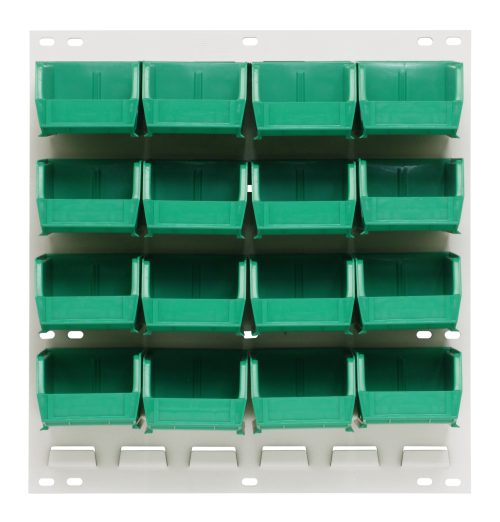 The Quantum Louvered Panel is a wall-mounted organizer with 16 Qus220 clear bins on an 18L x 8D x 19H structure, featuring a sleek oyster white enamel finish. Made from heavy-duty 16-gauge cold rolled steel, its perfect for small item storage. Mounting hardware not included.