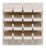 The Quantum Louvered Panel is an oyster white marvel of design, featuring 16 clear QUS220 bins. This 18L x 8D x 19H wall-mounted organizer provides easy access and neat storage, forming a visually appealing symmetrical grid of practicality.