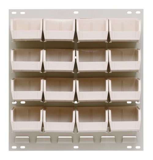 QLP-1819HC-220-16_IV.jpg The Quantum Louvered Panel is an oyster white marvel of design, featuring 16 clear QUS220 bins. This 18L x 8D x 19H wall-mounted organizer provides easy access and neat storage, forming a visually appealing symmetrical grid of practicality.