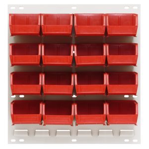 This Quantum Louvered Panel in oyster white is a wall-mounted storage rack with 16 clear QUS220 bins in a four-by-four grid, each measuring 18L x 8D x 19H for convenient open-top access, crafted from heavy-duty 16-gauge cold rolled steel.