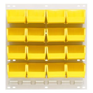 The Quantum Louvered Panel, with dimensions 18L x 8D x 19H, is made of heavy-duty steel and has an oyster white finish. It includes 16 clear Qus220 bins for organizing small items. Note: Mounting hardware is not included.