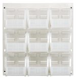 The Quantum Louvered Panel in oyster white, measures 18x11 and includes nine Qus230 clear bins. Made from heavy-duty 16 gauge cold-rolled steel, it features front-opening, forward-tilted bins for easy access in a 3x3 setup. Mounting hardware is not included.