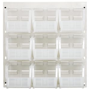 The Quantum Louvered Panel in oyster white, measures 18x11 and includes nine Qus230 clear bins. Made from heavy-duty 16 gauge cold-rolled steel, it features front-opening, forward-tilted bins for easy access in a 3x3 setup. Mounting hardware is not included.