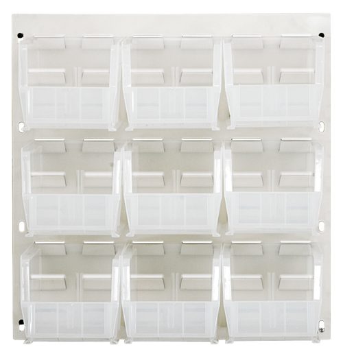 The Quantum Louvered Panel in oyster white, measures 18x11 and includes nine Qus230 clear bins. Made from heavy-duty 16 gauge cold-rolled steel, it features front-opening, forward-tilted bins for easy access in a 3x3 setup. Mounting hardware is not included.