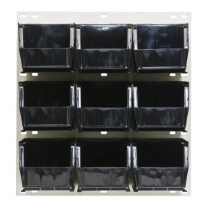 The Quantum Louvered Panel, measuring 18L x 11H, wall-mounted in oyster white enamel finish, comes with nine Qus230 black bins arranged in a 3x3 grid. Constructed from heavy-duty 16 gauge cold-rolled steel, each bin is open-topped for easy access. Mounting hardware not included.