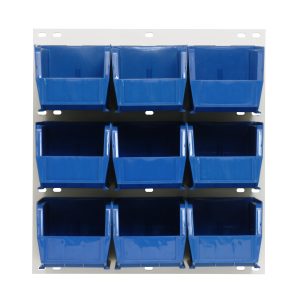 The Quantum Louvered Wall-Mounted Panel in oyster white includes nine blue QUS230 bins, each 18L x 11H, neatly aligned in a three-by-three grid. Made of heavy-duty 16-gauge cold-rolled steel, it offers an ideal organization solution for various settings.
