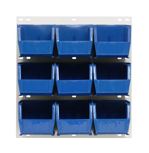 QLP-1819HC-230-9_BL.jpg The Quantum Louvered Wall-Mounted Panel in oyster white includes nine blue QUS230 bins, each 18L x 11H, neatly aligned in a three-by-three grid. Made of heavy-duty 16-gauge cold-rolled steel, it offers an ideal organization solution for various settings.