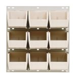 The Quantum Louvered Panel is a wall-mounted storage organizer in oyster white with a three-by-three grid of nine clear QUS230 bins, each 18L x 11H. Made from heavy-duty 16-gauge cold rolled steel, it features an enamel-coated finish. Mounting hardware is not included.