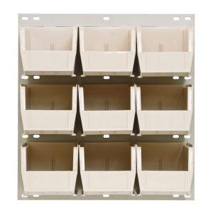 The Quantum Louvered Panel is a wall-mounted storage organizer in oyster white with a three-by-three grid of nine clear QUS230 bins, each 18L x 11H. Made from heavy-duty 16-gauge cold rolled steel, it features an enamel-coated finish. Mounting hardware is not included.
