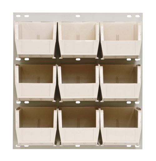 QLP-1819HC-230-9_IV.jpg The Quantum Louvered Panel is a wall-mounted storage organizer in oyster white with a three-by-three grid of nine clear QUS230 bins, each 18L x 11H. Made from heavy-duty 16-gauge cold rolled steel, it features an enamel-coated finish. Mounting hardware is not included.