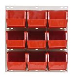 The Quantum Louvered Panel, wall-mounted and measuring 18L x 11H, includes nine clear QUS230 bins arranged in a 3x3 grid. Made of heavy-duty 16-gauge cold rolled steel with an oyster white enamel finish, the bins provide top access but do not include mounting hardware.