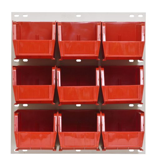 The Quantum Louvered Panel, wall-mounted and measuring 18L x 11H, includes nine clear QUS230 bins arranged in a 3x3 grid. Made of heavy-duty 16-gauge cold rolled steel with an oyster white enamel finish, the bins provide top access but do not include mounting hardware.