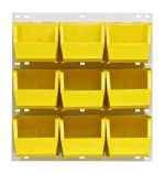 The Quantum Louvered Panel is a wall-mounted storage solution in oyster white, featuring an 18L x 11H design with nine Qus230 clear bins. Made of heavy-duty 16-gauge cold-rolled steel, its perfect for compact spaces. Each bin is open-topped for easy access and organization. Mounting hardware not included.