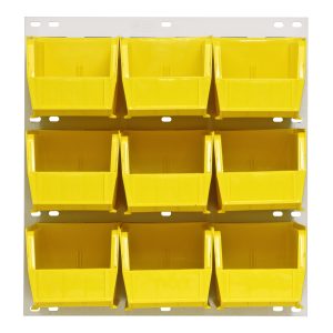 The Quantum Louvered Panel is a wall-mounted storage solution in oyster white, featuring an 18L x 11H design with nine Qus230 clear bins. Made of heavy-duty 16-gauge cold-rolled steel, its perfect for compact spaces. Each bin is open-topped for easy access and organization. Mounting hardware not included.