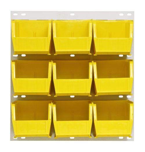 The Quantum Louvered Panel is a wall-mounted storage solution in oyster white, featuring an 18L x 11H design with nine Qus230 clear bins. Made of heavy-duty 16-gauge cold-rolled steel, its perfect for compact spaces. Each bin is open-topped for easy access and organization. Mounting hardware not included.