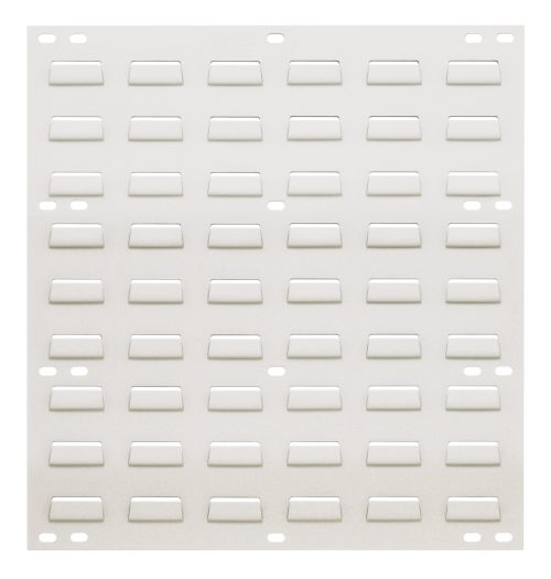 QLP-1819HC.jpg The Quantum Louvered Panel, measuring 18L x 1D x 19H, is crafted from heavy-duty 16 gauge cold rolled steel with an oyster white enamel finish. It features horizontal rectangular slots and small round installation holes near the edges for easy wall mounting. (Mounting hardware not included).