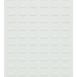 The Quantum Louvered Panel, 18L x 61H, is crafted from heavy-duty 16 gauge cold rolled steel with an oyster white enamel finish. It includes a horizontal slot grid pattern and mounting holes (hardware not included).