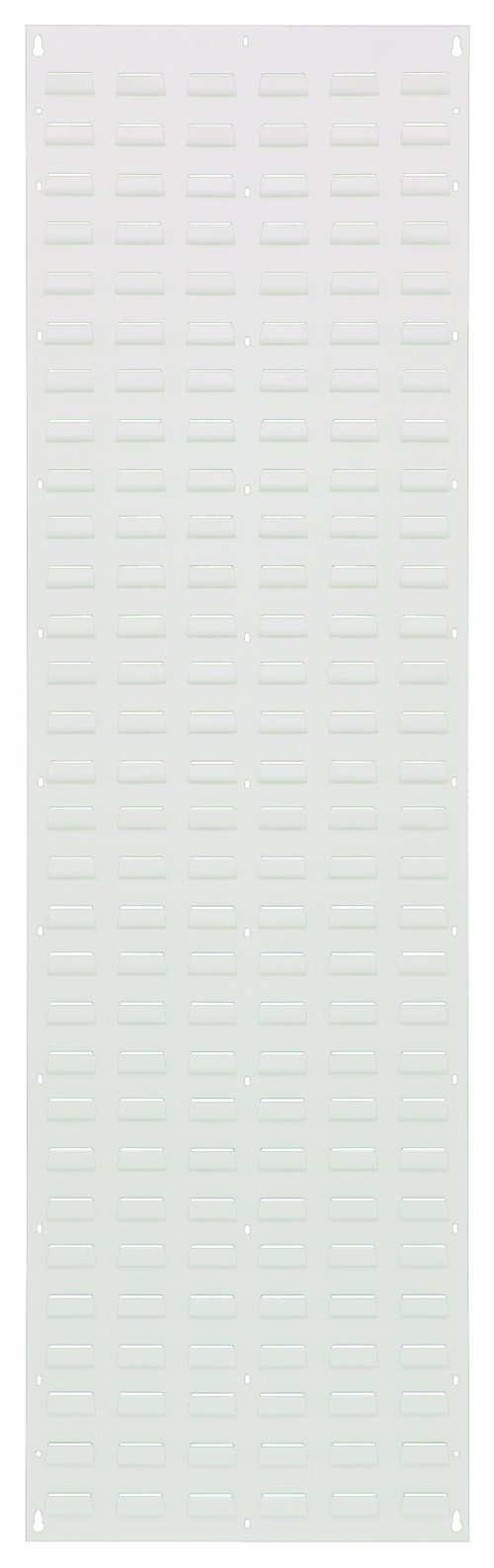 The Quantum Louvered Panel, 18L x 61H, is crafted from heavy-duty 16 gauge cold rolled steel with an oyster white enamel finish. It includes a horizontal slot grid pattern and mounting holes (hardware not included).
