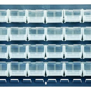 This wall organizer features a 36L x 6D x 19H Quantum louvered panel in gray enamel-coated heavy-duty 16-gauge cold rolled steel with four rows of easily accessible clear bins. It includes 32 QUS210 bins for a sleek storage solution.