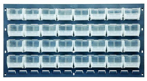 This wall organizer features a 36L x 6D x 19H Quantum louvered panel in gray enamel-coated heavy-duty 16-gauge cold rolled steel with four rows of easily accessible clear bins. It includes 32 QUS210 bins for a sleek storage solution.