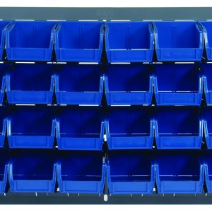 The Quantum Louvered Panel is wall-mounted, measuring 36L x 6D x 19H, and holds 32 Qus210 blue bins. Made from heavy-duty 16 gauge cold rolled steel with a gray enamel finish, its ideal for organizing small items in workshops or garages. Bins bright color stands out against this backdrop.
