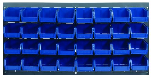 The Quantum Louvered Panel is wall-mounted, measuring 36L x 6D x 19H, and holds 32 Qus210 blue bins. Made from heavy-duty 16 gauge cold rolled steel with a gray enamel finish, its ideal for organizing small items in workshops or garages. Bins bright color stands out against this backdrop.
