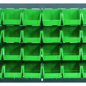 The Quantum Louvered Panel, wall mounted at 36L x 6D x 19H, comes with 32 clear QUS210 bins. Made from heavy-duty 16-gauge cold-rolled steel with a gray enamel finish, its designed for organizing small items. Mounting hardware not included.