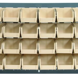 The Quantum Louvered Panel is a heavy-duty, wall-mounted storage system of 16-gauge cold-rolled steel, featuring a grid of 32 clear QUS210 bins on a durable gray enamel-coated backboard for organized and accessible storage.