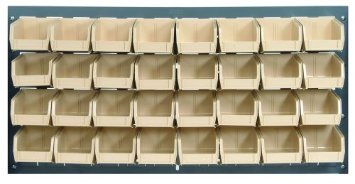 QLP-3619-210-32_IV.jpg The Quantum Louvered Panel is a heavy-duty, wall-mounted storage system of 16-gauge cold-rolled steel, featuring a grid of 32 clear QUS210 bins on a durable gray enamel-coated backboard for organized and accessible storage.