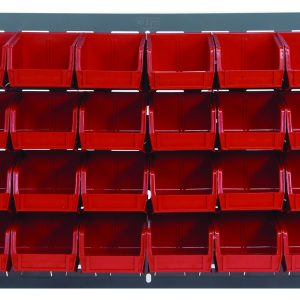 A Quantum Louvered Panel wall rack, measuring 36L x 6D x 19H, includes 32 clear Qus210 bins for easy access. Its made of heavy-duty 16-gauge cold-rolled steel with a gray enamel finish. Mounting hardware not included.