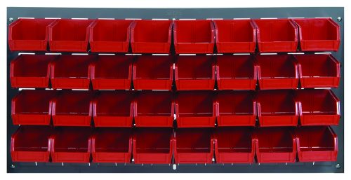 QLP-3619-210-32_RD.jpg A Quantum Louvered Panel wall rack, measuring 36L x 6D x 19H, includes 32 clear Qus210 bins for easy access. Its made of heavy-duty 16-gauge cold-rolled steel with a gray enamel finish. Mounting hardware not included.