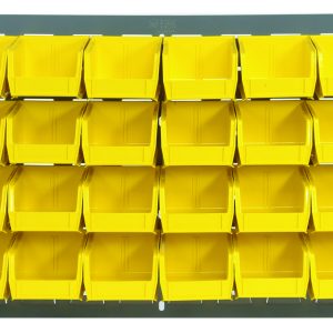 The Quantum Louvered Panel features a wall-mounted design with 32 clear Qus210 bins arranged in four rows. Made from heavy-duty 16-gauge cold rolled steel and finished in gray enamel, it offers practical storage against its sleek backdrop (hardware not included). Dimensions: 36L x 6D x 19H.