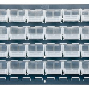 The Quantum Louvered Panel, measuring 36L x 8D x 19H and made from heavy-duty 16 gauge cold rolled steel with a gray enamel finish, includes 32 clear Qus220 bins arranged for easy access; mounting hardware is not included.