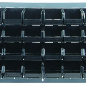The Quantum Louvered Panel wall mount (36L x 8D x 19H) is crafted from heavy-duty 16-gauge cold rolled steel with a gray enamel finish. It features 32 QUS220 black bins, ideal for organizing small items, arranged in four rows on a sturdy frame. Mounting hardware not included.