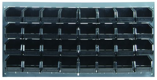QLP-3619-220-32_BK.jpg The Quantum Louvered Panel wall mount (36L x 8D x 19H) is crafted from heavy-duty 16-gauge cold rolled steel with a gray enamel finish. It features 32 QUS220 black bins, ideal for organizing small items, arranged in four rows on a sturdy frame. Mounting hardware not included.