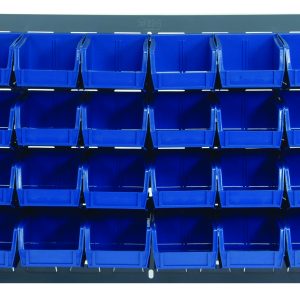 The Quantum Louvered Panel is a 36L x 8D x 19H wall mount with 32 blue Qus220 bins, arranged on heavy-duty gray enamel-coated steel.